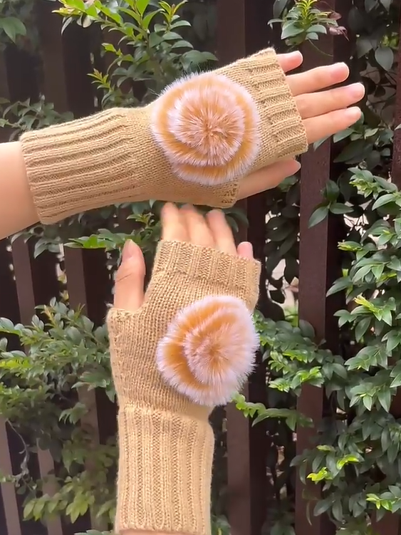 Casual Gradient Pom Wool Knit Long Half Finger Gloves Daily Commuting Home Accessories