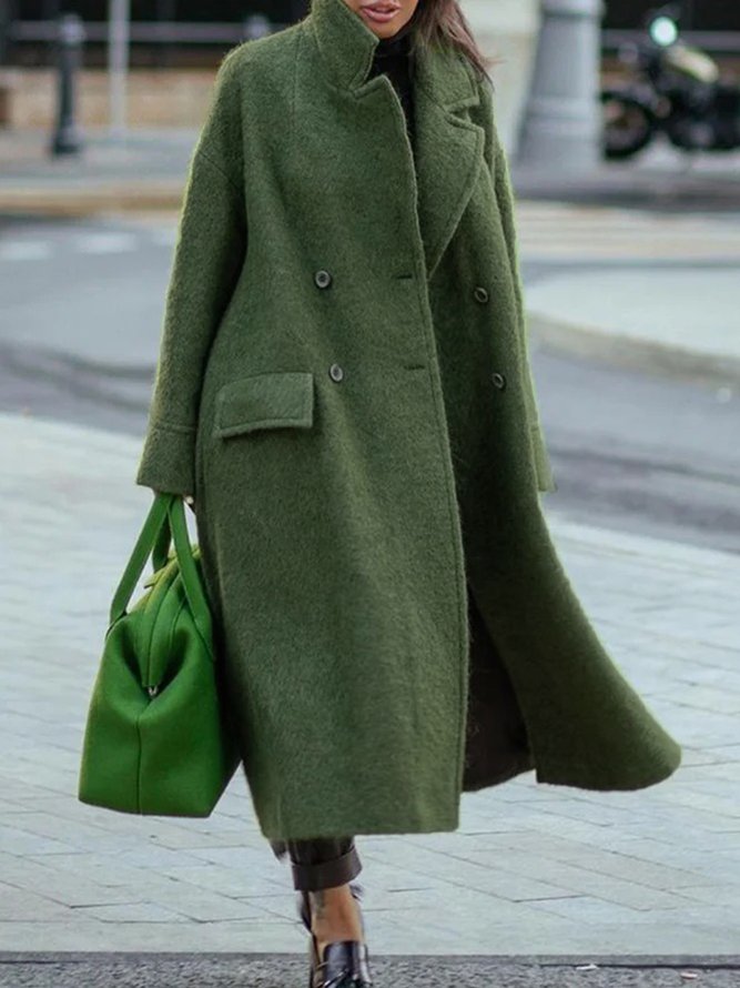 Women Vintage Plain Long Sleeve Lapel Collar Green Coat With Pocket