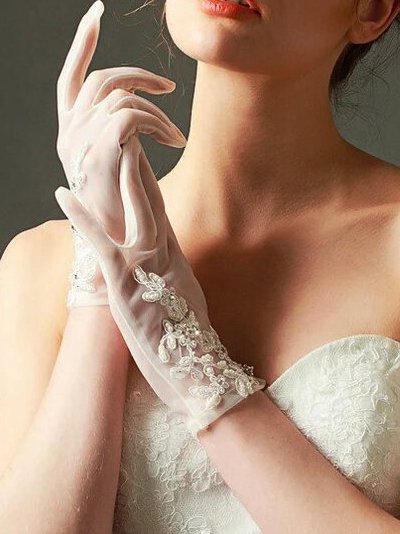 Silk Floral Pattern Beaded Gloves Party Valentines Day Wedding Dress Accessories