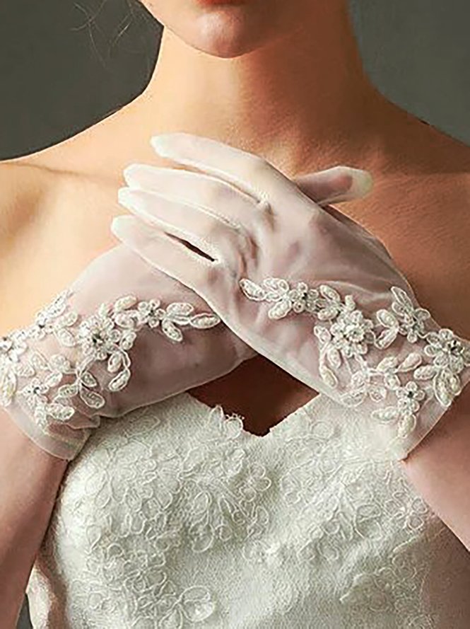 Silk Floral Pattern Beaded Gloves Party Valentines Day Wedding Dress Accessories