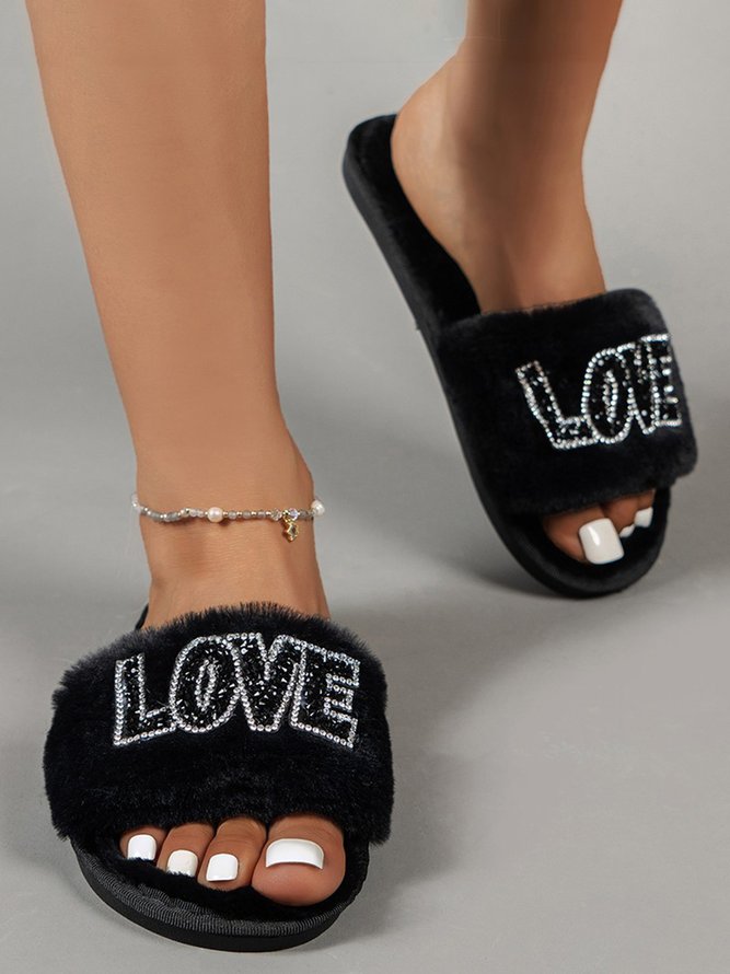 Valentine's Day Rhinestone Love Pattern One Strap Fuzzy Slippers