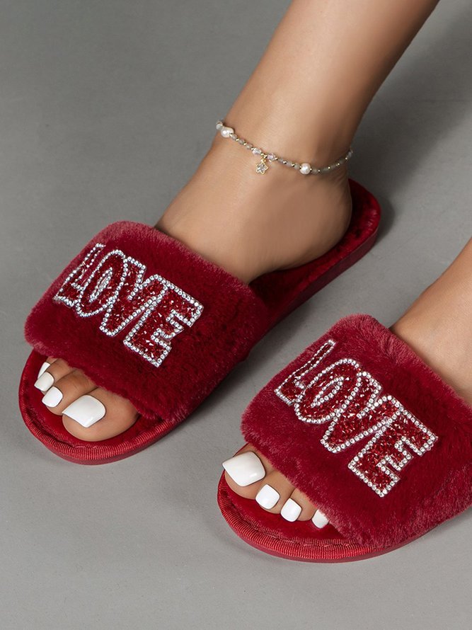 Valentine's Day Rhinestone Love Pattern One Strap Fuzzy Slippers