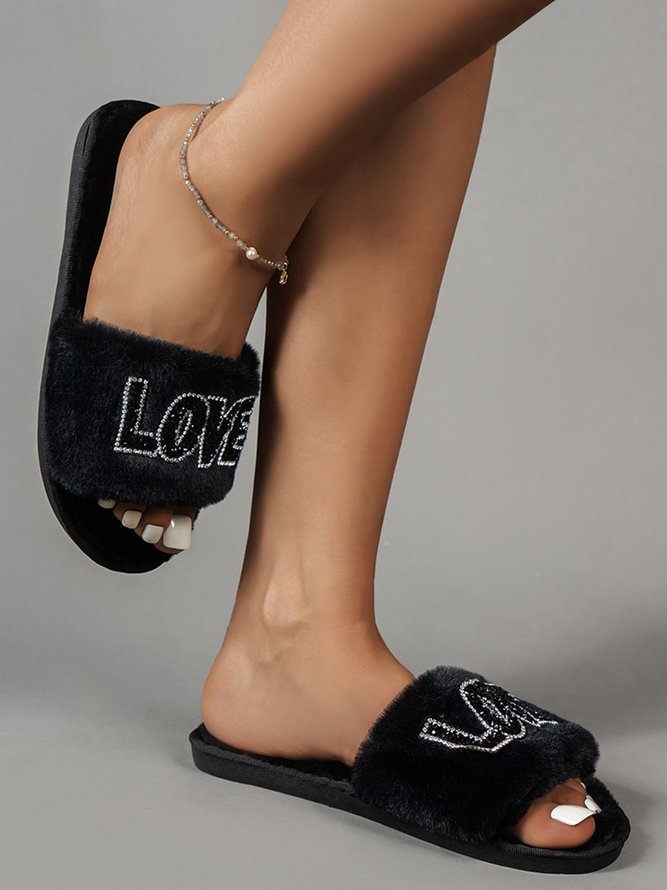 Valentine's Day Rhinestone Love Pattern One Strap Fuzzy Slippers