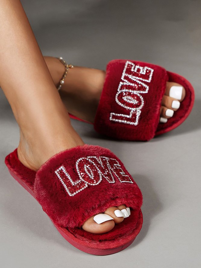 Valentine's Day Rhinestone Love Pattern One Strap Fuzzy Slippers