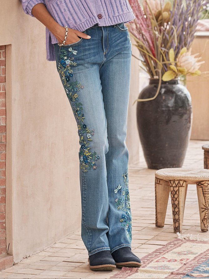 Tight Boho Floral Washing Process Jeans