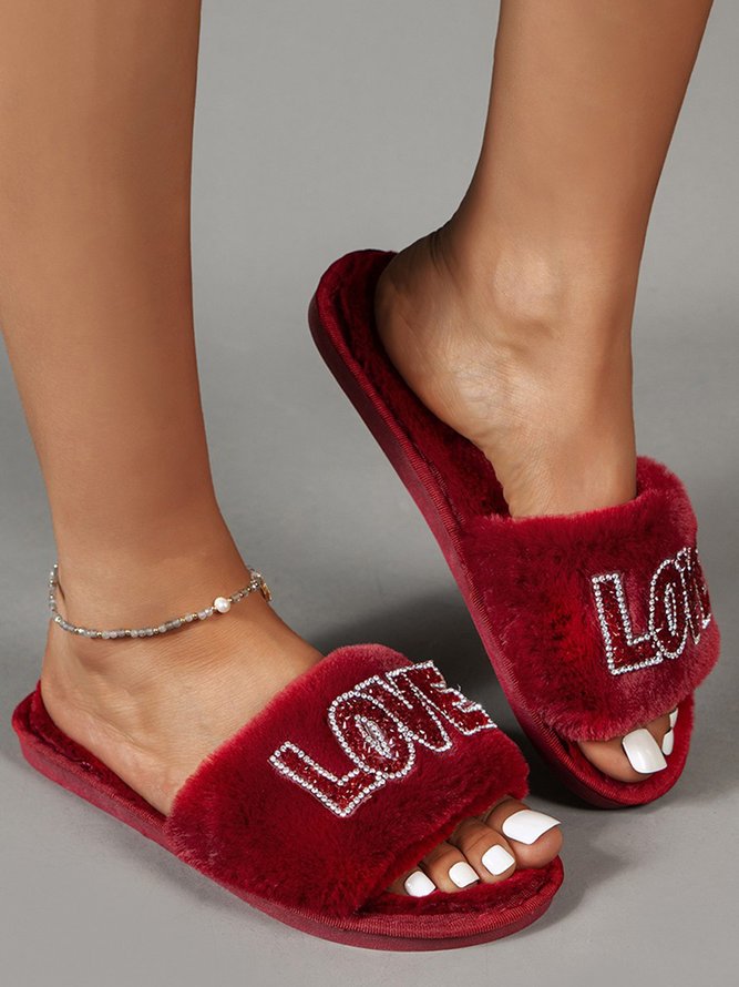 Valentine's Day Rhinestone Love Pattern One Strap Fuzzy Slippers