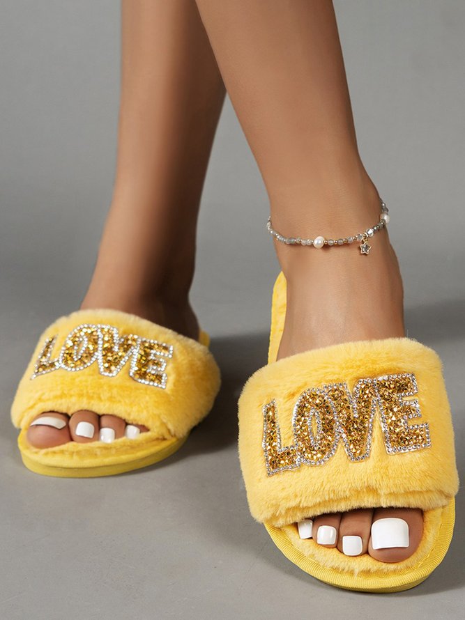 Valentine's Day Rhinestone Love Pattern One Strap Fuzzy Slippers