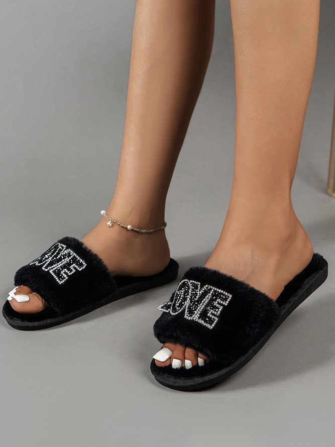 Valentine's Day Rhinestone Love Pattern One Strap Fuzzy Slippers