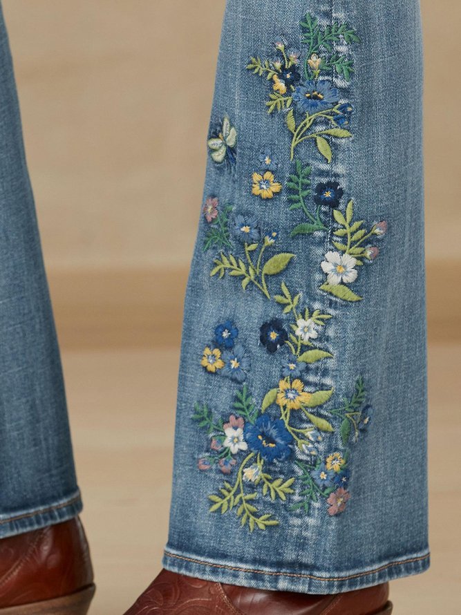 Tight Boho Floral Washing Process Jeans