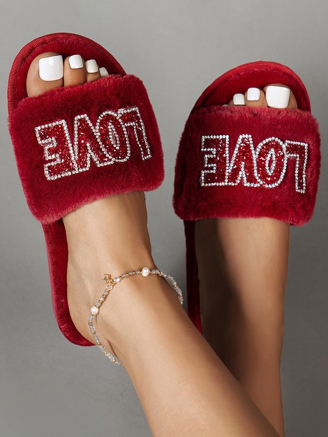 Valentine's Day Rhinestone Love Pattern One Strap Fuzzy Slippers