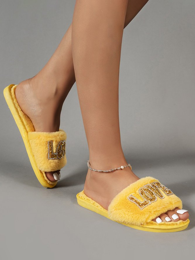 Valentine's Day Rhinestone Love Pattern One Strap Fuzzy Slippers
