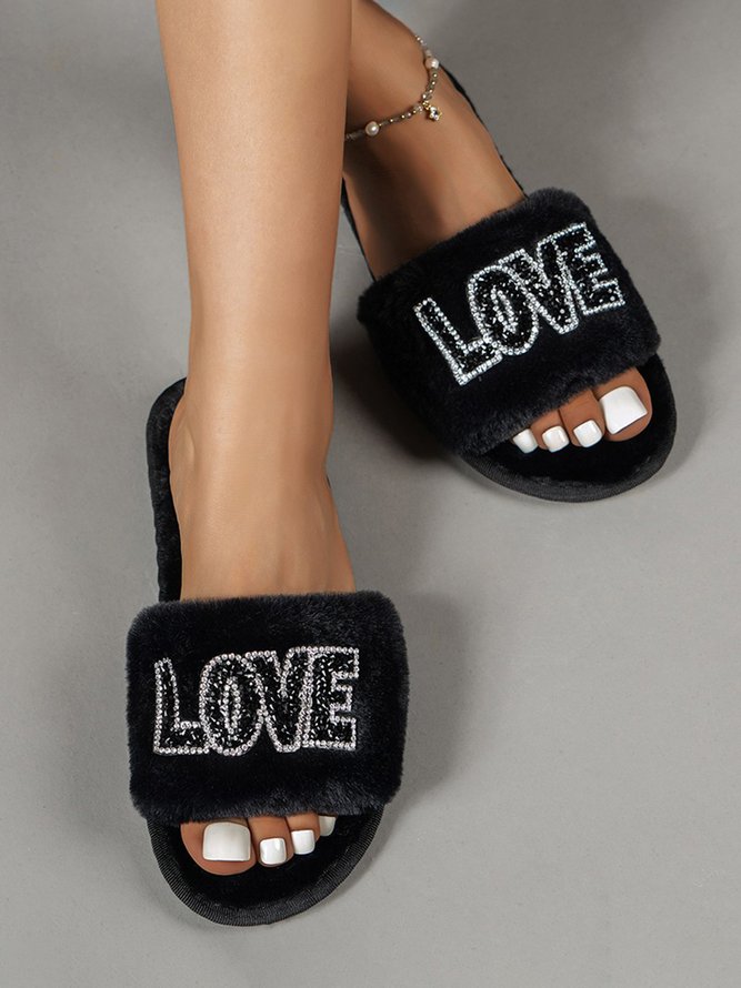 Valentine's Day Rhinestone Love Pattern One Strap Fuzzy Slippers