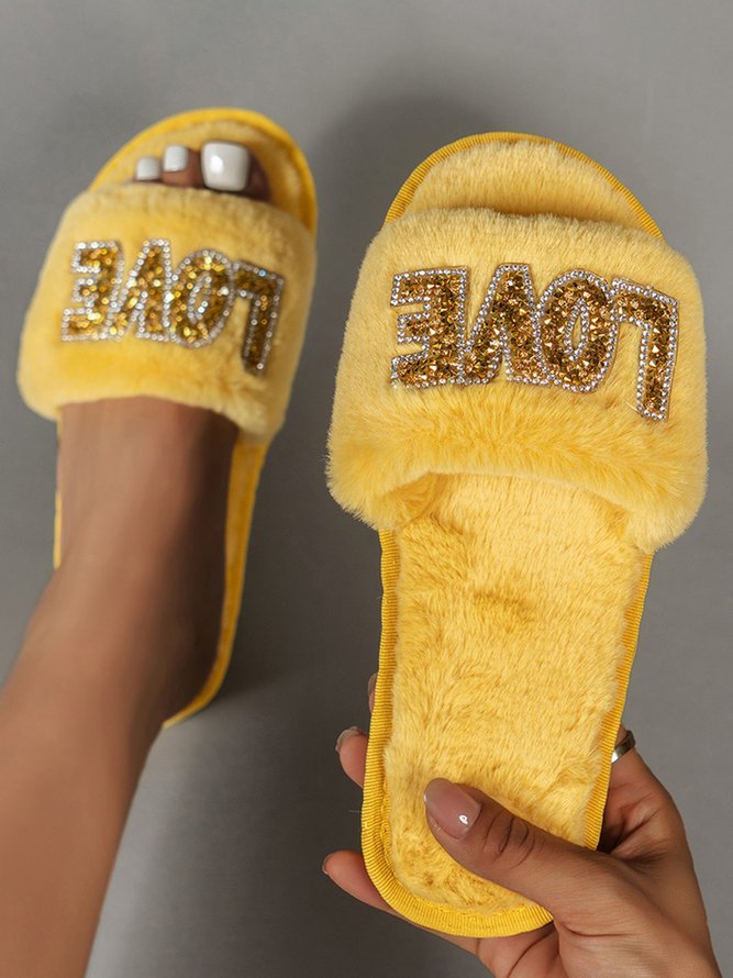 Valentine's Day Rhinestone Love Pattern One Strap Fuzzy Slippers