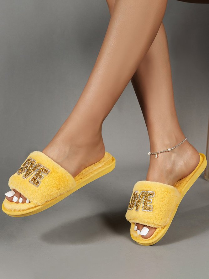 Valentine's Day Rhinestone Love Pattern One Strap Fuzzy Slippers
