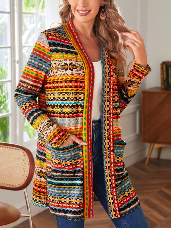 Color Block Crew Neck Boho Loose Trench Coat