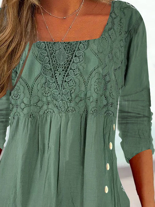 Women's Ethnic Casual Square neck Lace Tops Long Sleeve U Neck Tunic