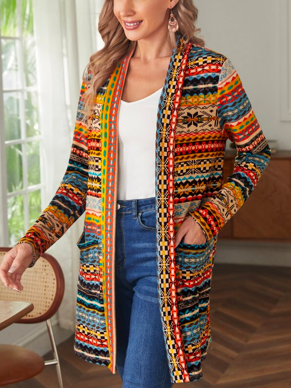 Color Block Crew Neck Boho Loose Trench Coat