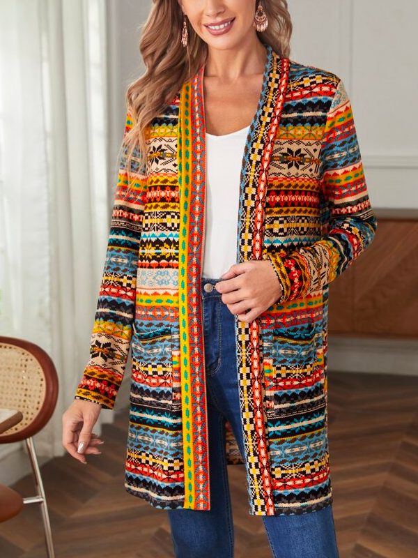 Color Block Crew Neck Boho Loose Trench Coat
