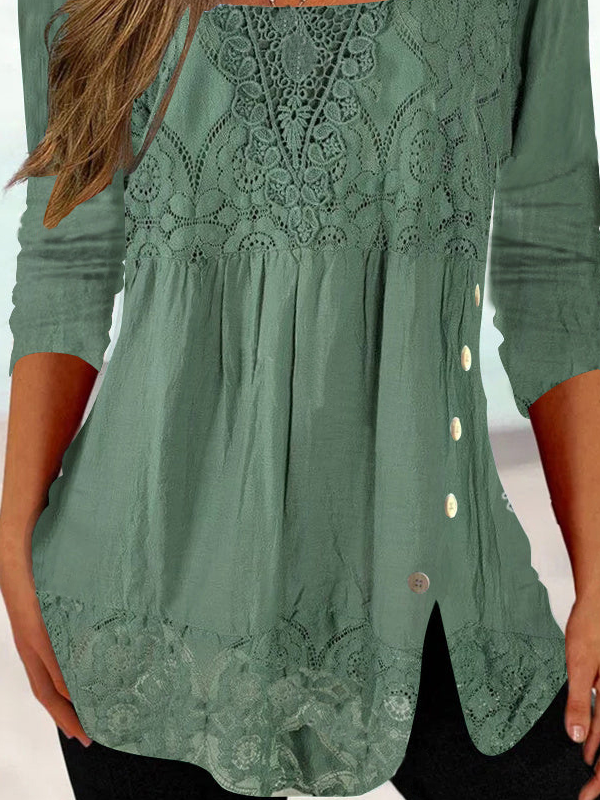 Women's Ethnic Casual Square neck Lace Tops Long Sleeve U Neck Tunic