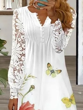 Floral Casual V Neck Lace Loose Dress