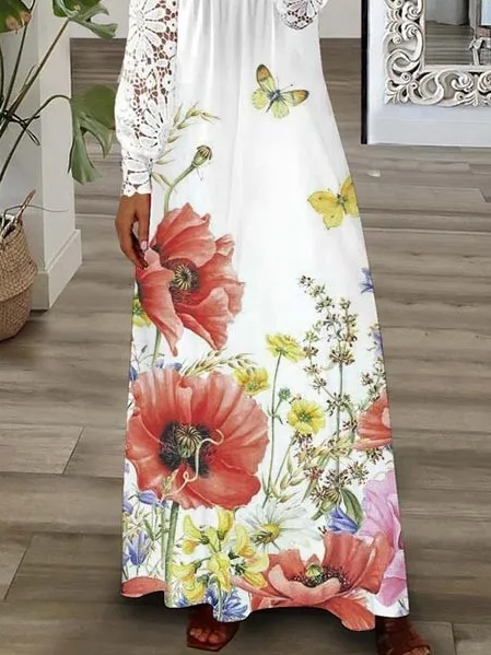 Floral Casual V Neck Lace Loose Dress