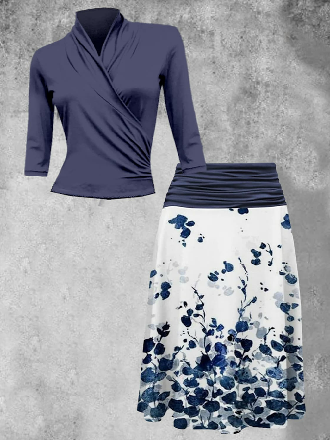V Neck Regular Fit Plain Casual Two-Piece Set