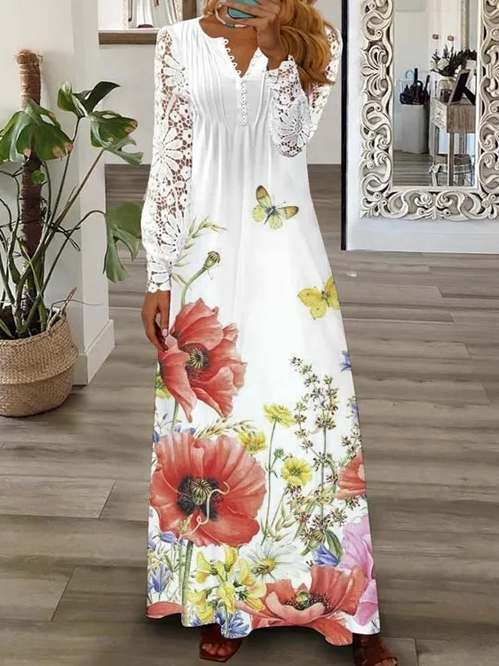 Floral Casual V Neck Lace Loose Dress