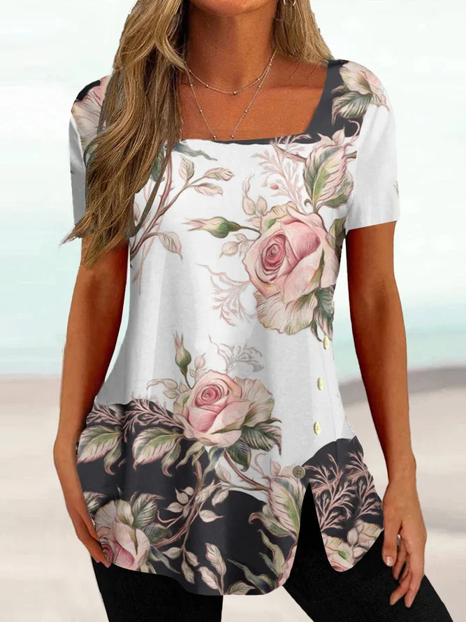 Casual Regular Fit Square Neck Floral T-Shirt