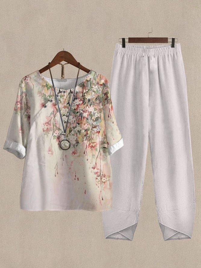 Casual Crew Neck Floral Cotton And Linen Two-Piece Set | justfashionnow