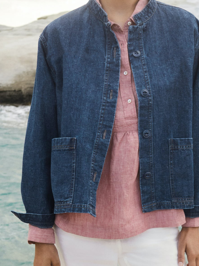 Cotton-Blend Plain Casual Denim Jacket