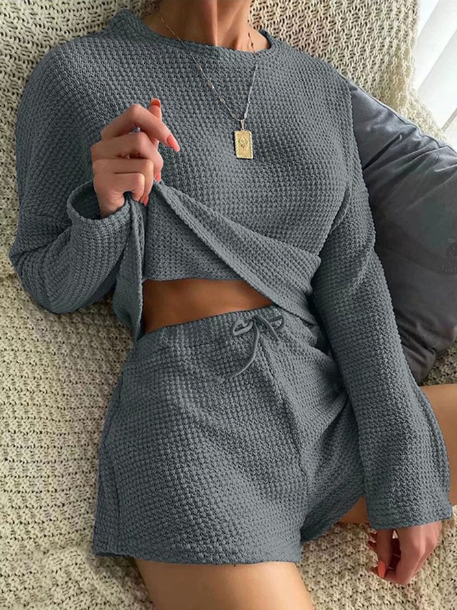 Round Neck Long Sleeve Wide Leg Shorts Waffle Comfortable Two-Piece Homewear Pajamas Plus Size