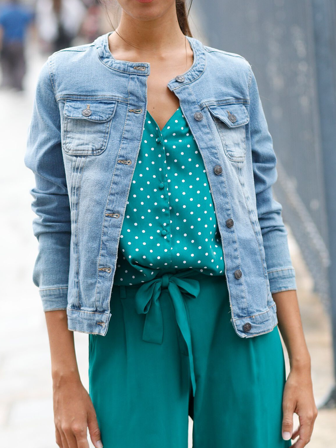 Regular Fit Plain Crew Neck Casual Denim Jacket