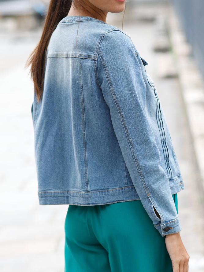Regular Fit Plain Crew Neck Casual Denim Jacket