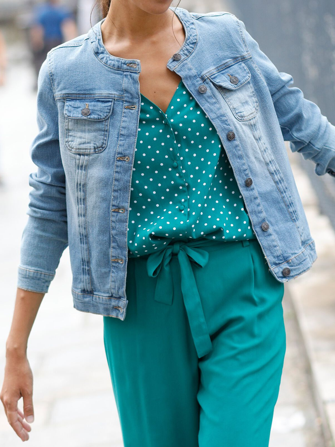 Regular Fit Plain Crew Neck Casual Denim Jacket