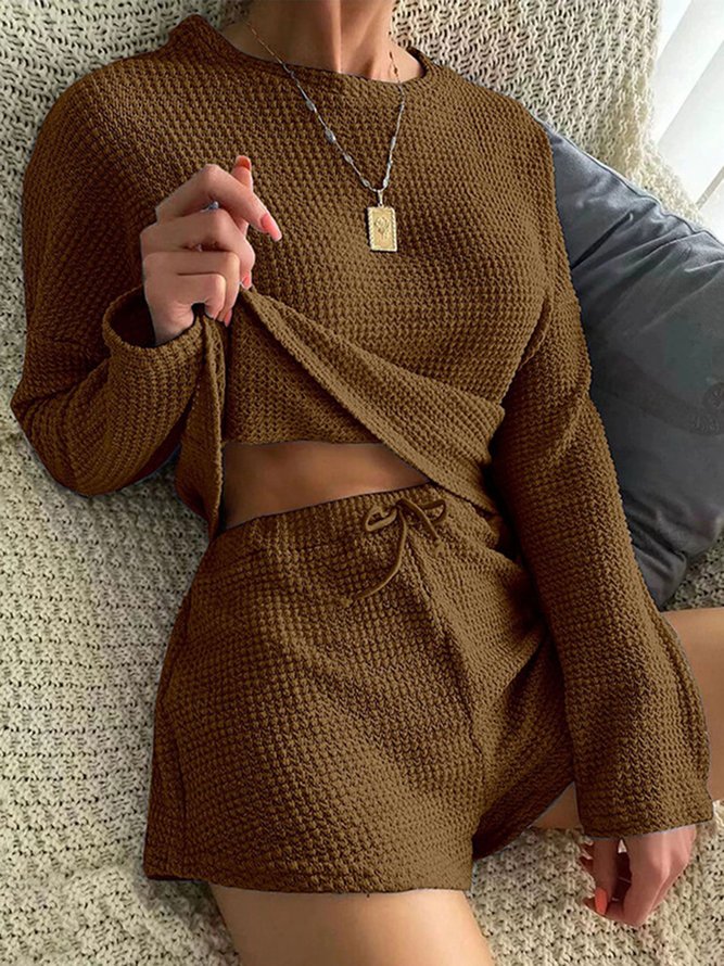 Round Neck Long Sleeve Wide Leg Shorts Waffle Comfortable Two-Piece Homewear Pajamas Plus Size