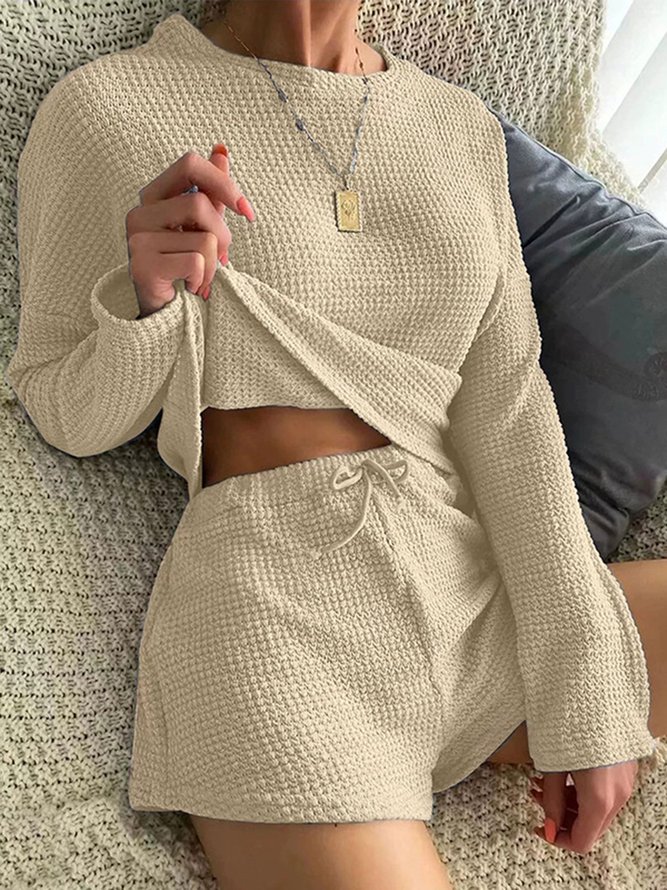Round Neck Long Sleeve Wide Leg Shorts Waffle Comfortable Two-Piece Homewear Pajamas Plus Size