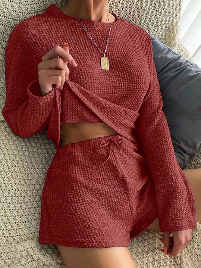 Round Neck Long Sleeve Wide Leg Shorts Waffle Comfortable Two-Piece Homewear Pajamas Plus Size