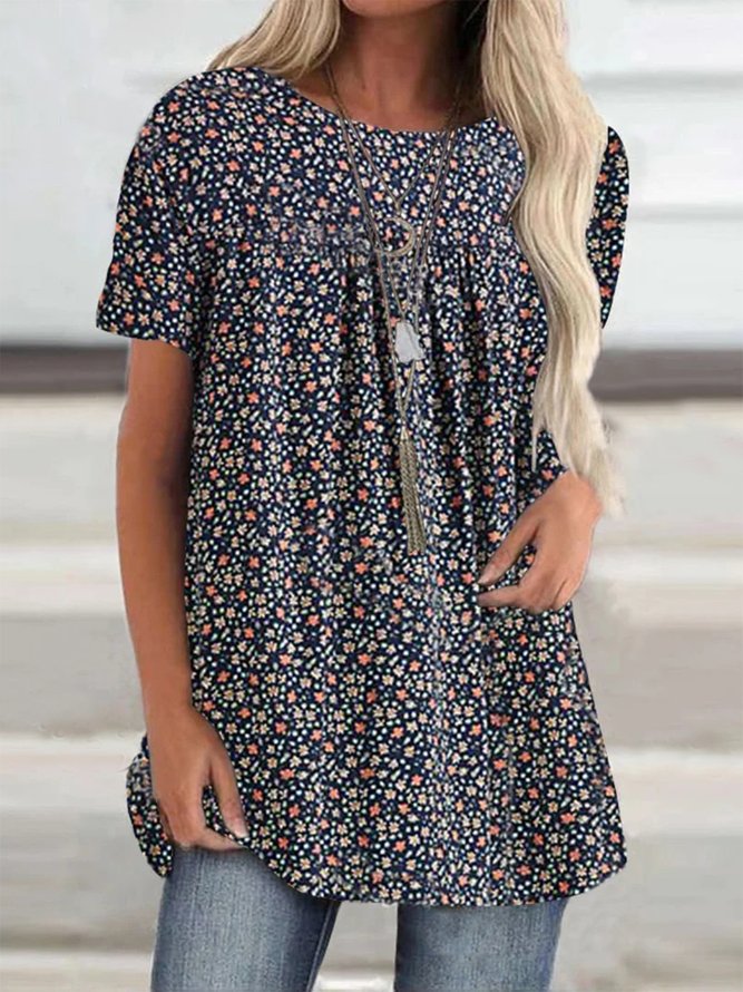 Crew Neck Floral Ruched Casual Top