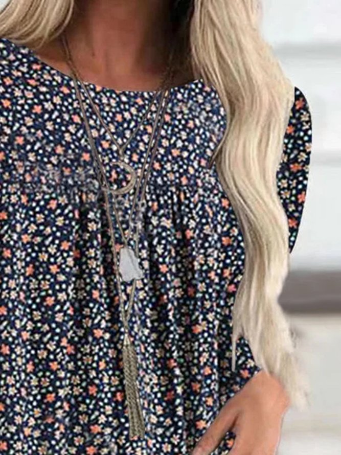 Crew Neck Floral Ruched Casual Top