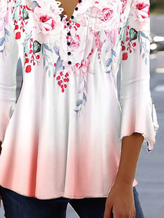 Regular Fit V Neck Floral Casual Top