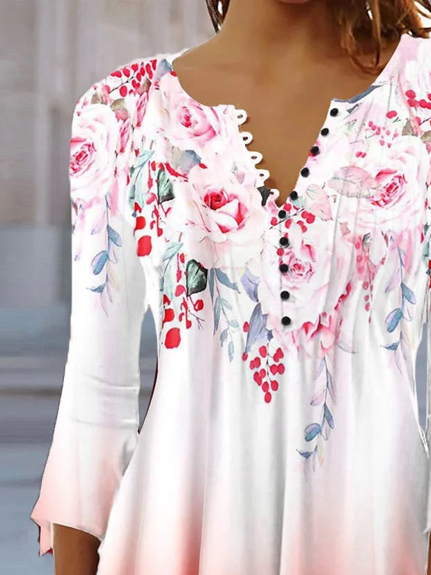 Regular Fit V Neck Floral Casual Top