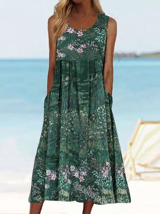 Vacation Floral Loose Crew Neck Dress