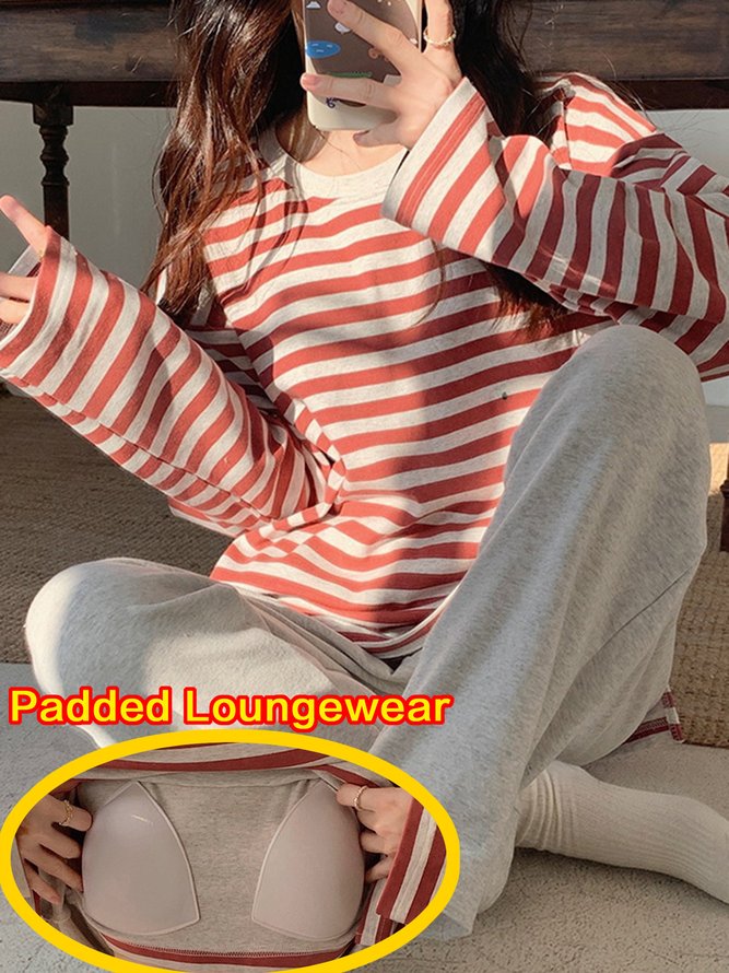 Cozy Cotton Stripe Printed Padded Loungewear Set Plus Size