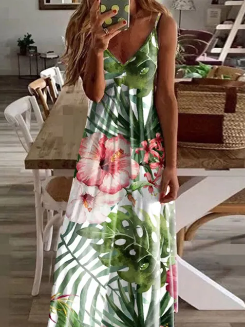 Tropical Print Sleeveless Vacation Summer Maxi Hawaiian Dress