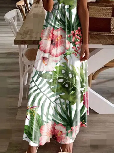 Tropical Print Sleeveless Vacation Summer Maxi Hawaiian Dress