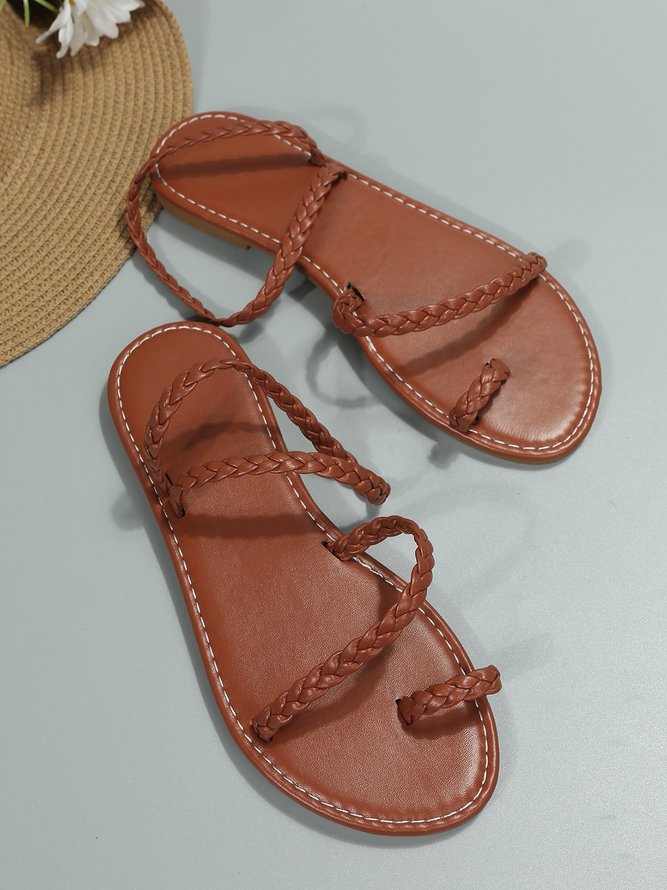 Brown Braided Detail Toe Ring Sandals