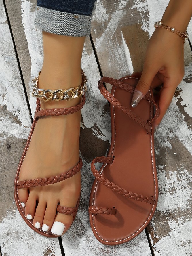 Brown Braided Detail Toe Ring Sandals