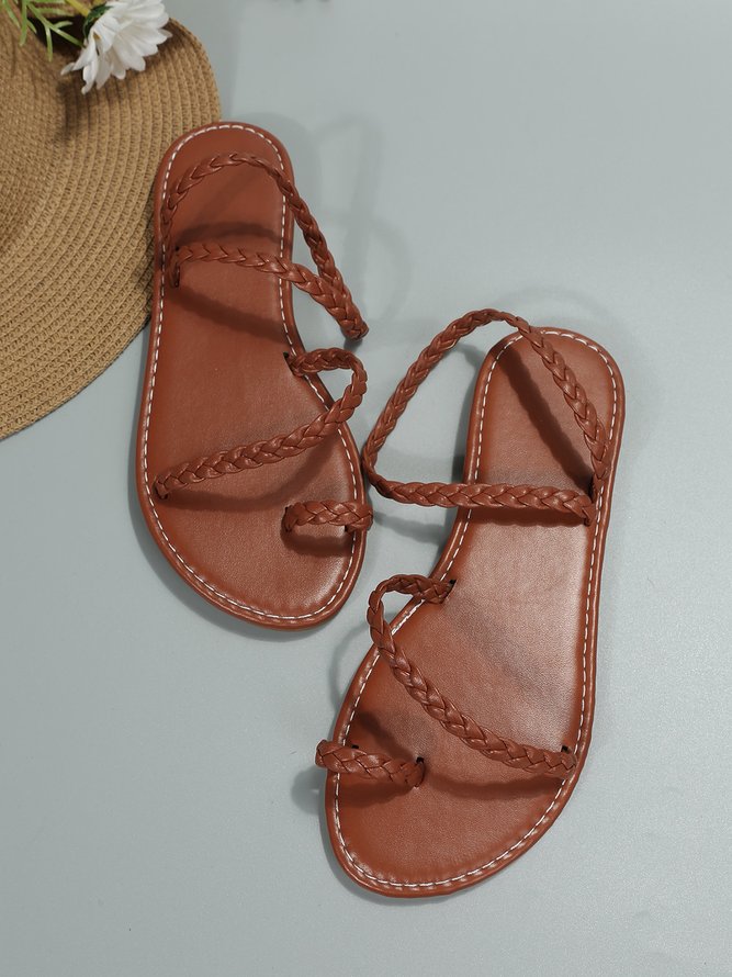Brown Braided Detail Toe Ring Sandals