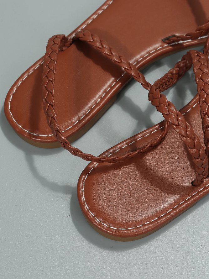 Brown Braided Detail Toe Ring Sandals