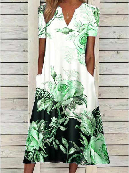 Women's Rose Print Elegant Floral Loose Maxi Summer Dress